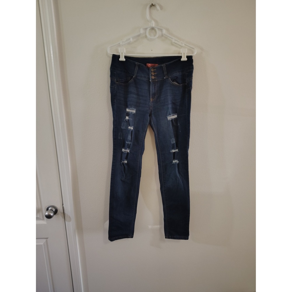 Wax Jean Butt I Love You Distressed Skinny Jeans Dark Wash Triple Button Size 13